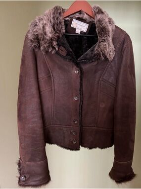 Preowned Alexander Julian Women's Shearling Lamb Button-Front Jacket Brown Sz L